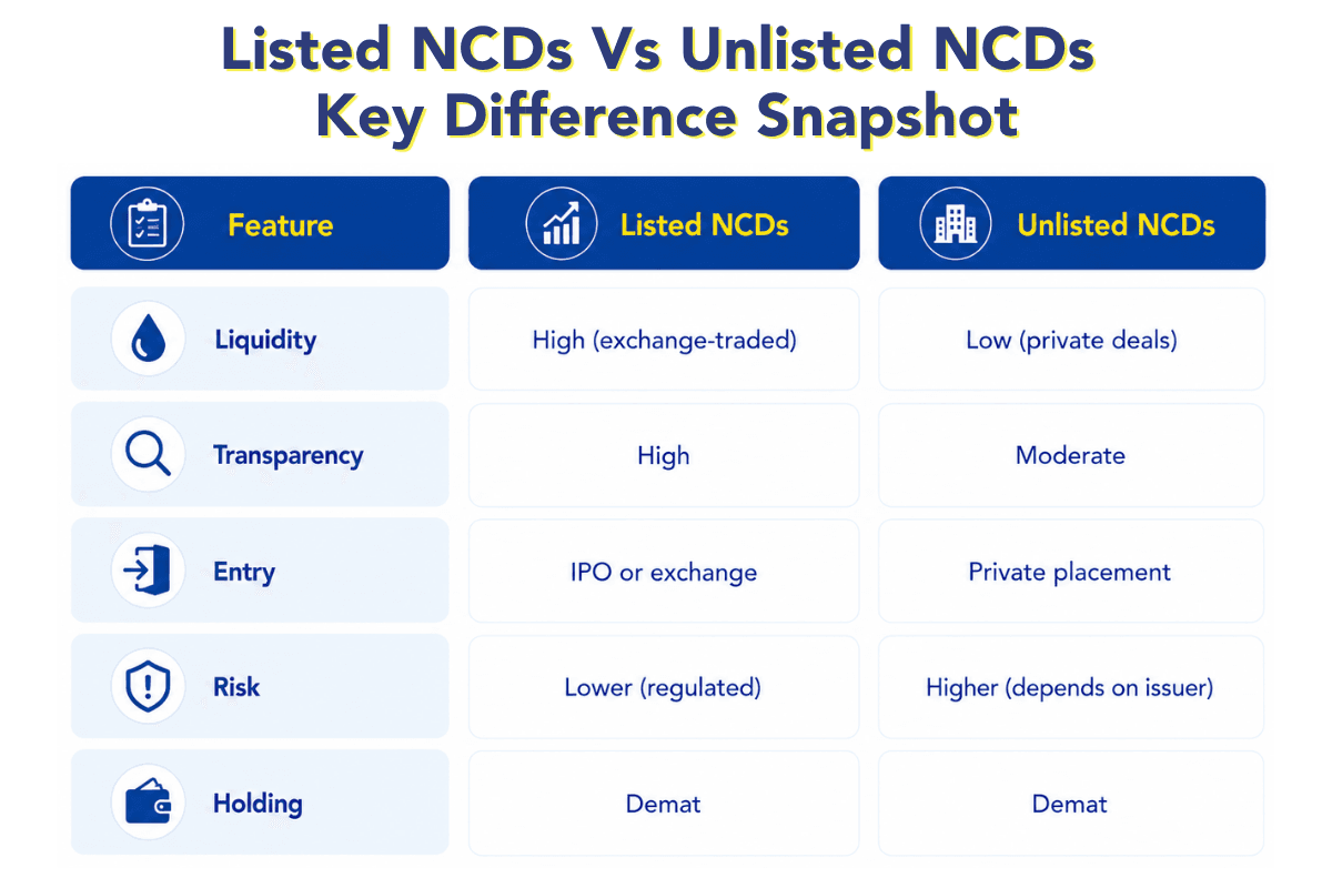 Listed vs unlisted NCDs comparison infographic explaining liquidity, transparency, risk, entry process, and investment structure