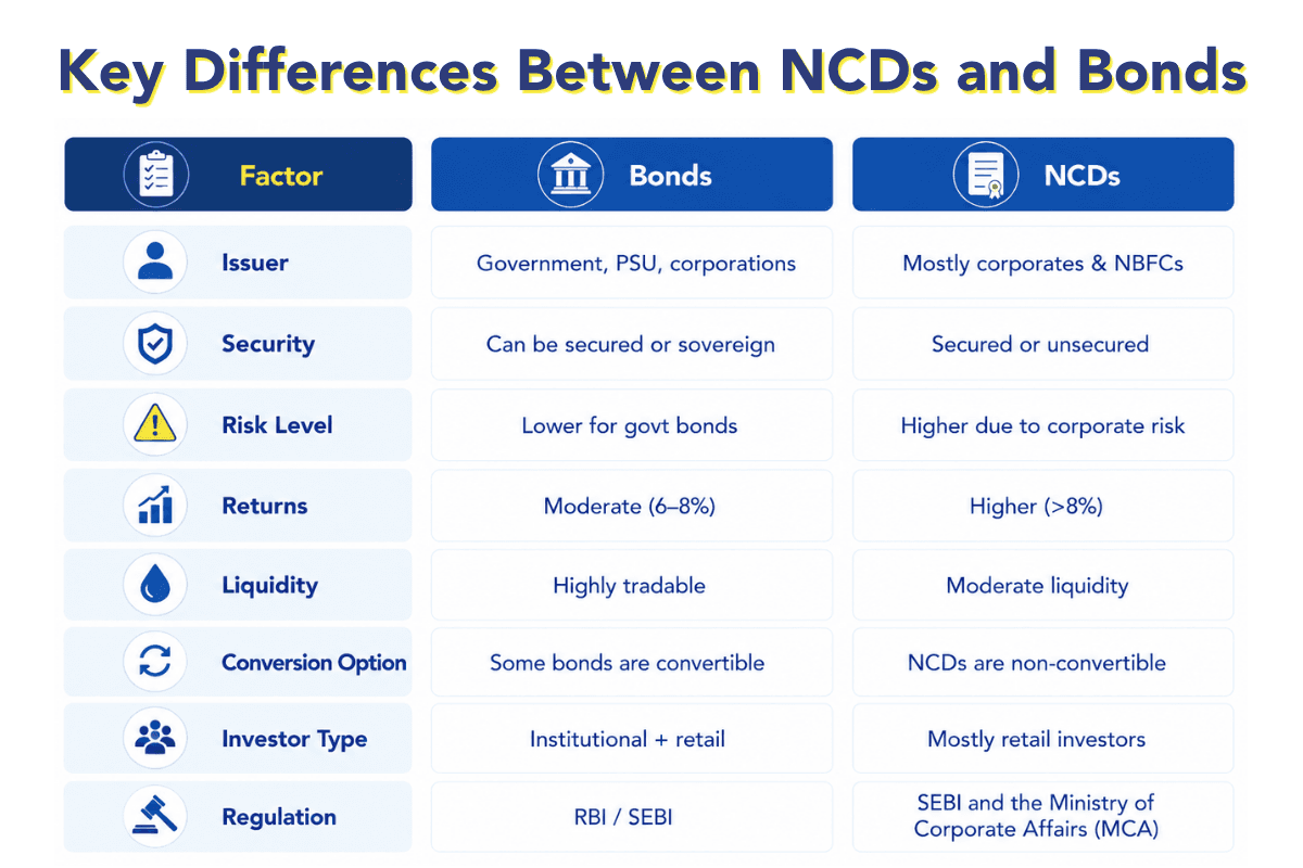 Key differences between NCDs and bonds in India, covering issuer type, security, liquidity, returns, regulations, and investor suitability 